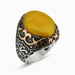 Silver Rings 925 - Yellow Moire Amber Stone Sterling Silver Men's Ring 100348186 - Turkey
