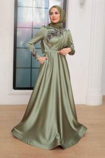 Woman Clothing - Almond Green Hijab Evening Dress 100341025 - Turkey