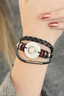 Bracelet - Black Color Crescent and Star Design Multi Leather Women's Bracelet 100318512 - Turkey
