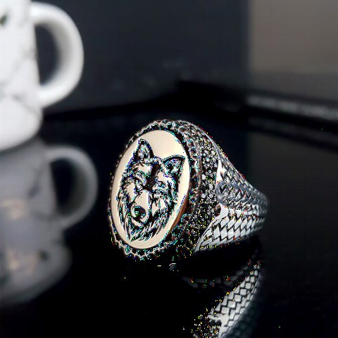 Wolf Head Motif Embroidered Silver Ring 100349690
