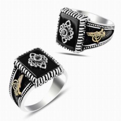 Onyx Stone Rings - Square Onyx Solitaire Sides Ottoman Tugra Motif Silver Ring 100347871 - Turkey