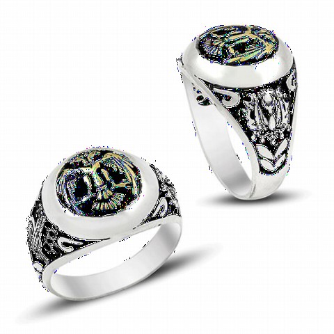 Animal Rings - Double Headed Eagle Motif Ottoman Patterned Silver Men's Ring 100349048 - Turkey