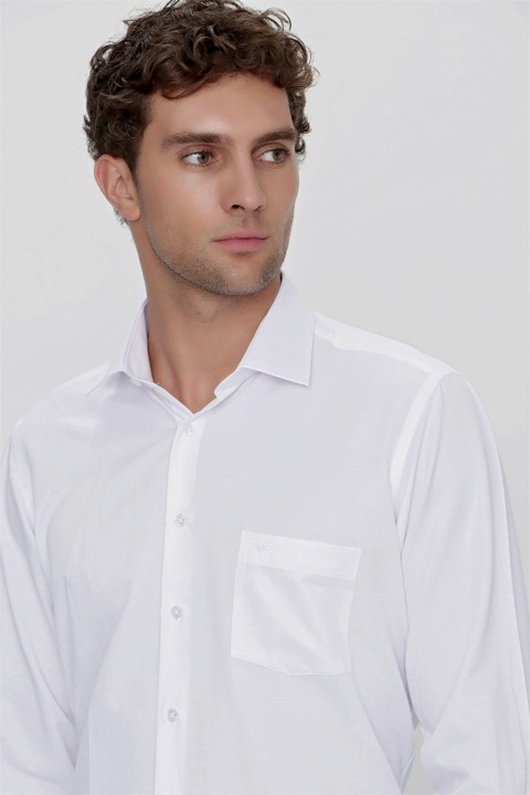 Men's White Jacquard Pocket Regular Fit Wide Cut Shirt with Pockets 100351049
