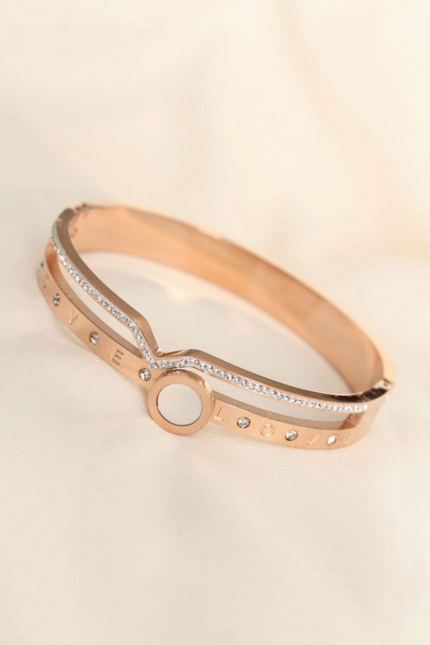 Bracelet - Steel Rose Color Stone Love Written Cuff Bracelet 100320050 - Turkey