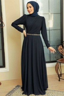 Navy Blue Hijab Evening Dress 100341714