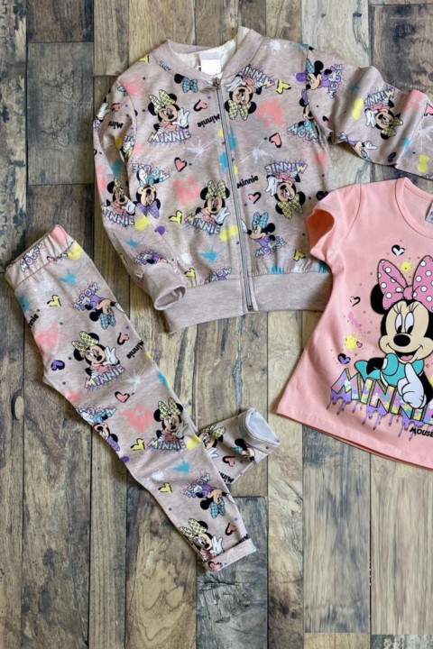 Girl's Minnie Mouse Digital Printed 3-Piece Pink Tracksuit Suit 100344705