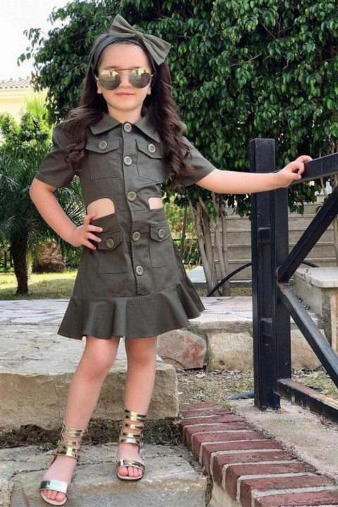Outwear - فستان بناتي كاكي بأزرار جانبية وأزرار وحافة مكشكشة بخصر بناتي 100327413 - Turkey