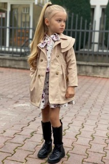 Coat, Trench Coat - Girl's Tiered Collar Beige Trench Coat Floral Patterned Dress 100327219 - Turkey
