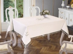 Tulip Embroidered Lacy Rectangle Table Cloth Cream Cream 100259555