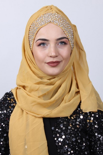 Ready to wear Hijab-Shawl - Stone Boneli Design Shawl Gold Yellow 100282966 - Turkey