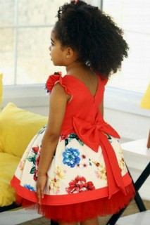 Girl's New Flower Red Dress with Brooch and Buckle Gift 100328186