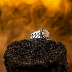 Knitted Patterned Tiger Eye Stone Silver Ring 100346372