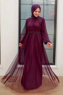 Wedding & Evening - Robe de soirée hijab couleur prune 100340051 - Turkey