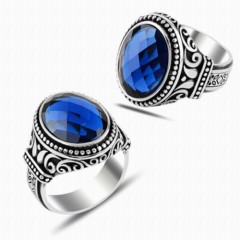 Zircon Stone Rings - Cut Blue Zircon Stone Payitaht Silver Ring 100347866 - Turkey