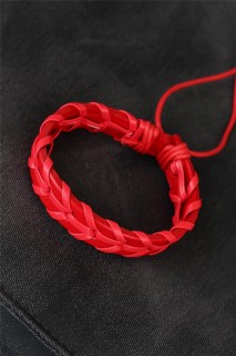 Men - Red Knitted Leather Men's Bracelet 100318745 - Turkey