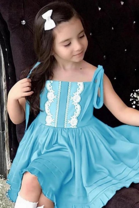 Baby Girl Lace Embroidered Rope Strap and Hem Ruffled Blue Dress 100327381