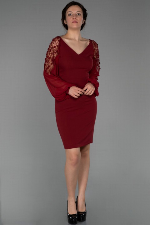 Evening Dress Short V Neck Long Lace Chiffon Sleeve Crepe Invitation Dress 100296369