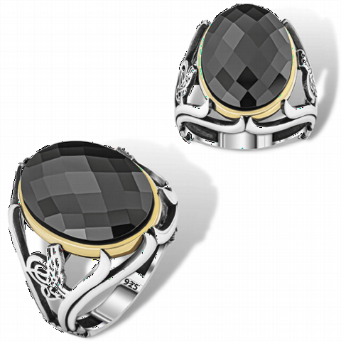 Ottoman Tugra Embroidered Black Zircon Stone Silver Ring 100350364