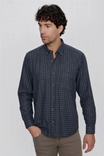 Men Clothing - Men's Navy Blue Melange Checked Regular Fit Comfy Cut Pocket Shirt 100351016 - Turkey