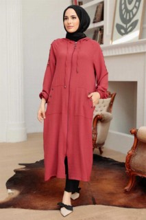Coat - Dark Coral Hijab Coat 100341209 - Turkey