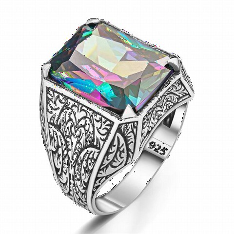 Silver Rings 925 - Pen Embroidered Mystic Topaz Stone Silver Ring 100350378 - Turkey
