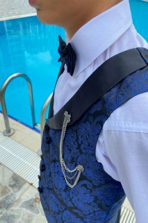 Boy's DeepSEA Patterned Double Buttoned Bowtie Navy Blue Bottom Top Suit 100328692
