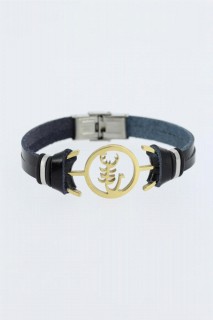 Men - Gold Color Scorpion Figured Metal Accessory Black Color Leather Men's Bracelet 100318590 - Turkey