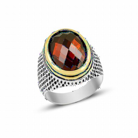 Cut Zircon Stone Gold Detailed Sterling Silver Men's Ring 100349315