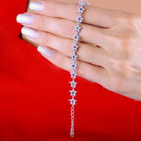Bracelet - Floral Motif Silver Bracelet With Colored Stones 100349638 - Turkey