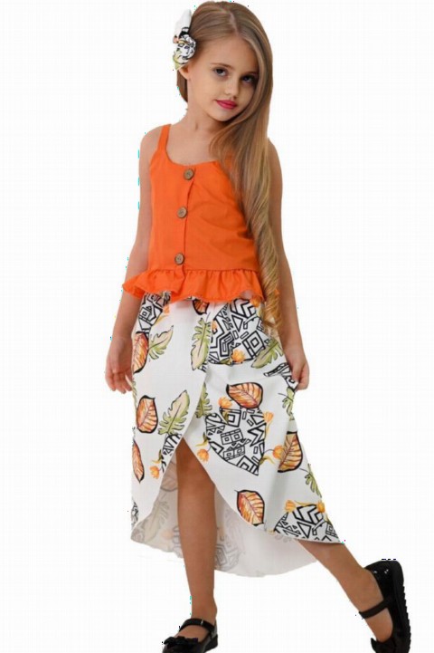 Girl's Front Buttoned Ruffle Waist and Leaf Patterned Orange Skirt Suit 100327282