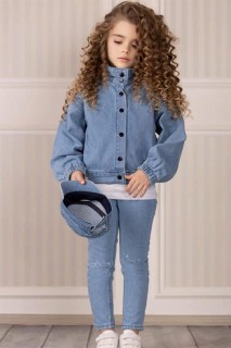 Girls - Boys' T-Shirt and Jeans Jacket with Hat and Blue 4-piece Top Set 100328688 - Turkey