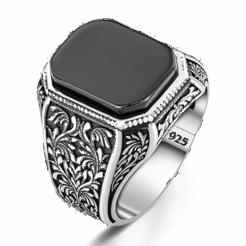 Ottoman Motif Embroidered Black Onyx Stone Silver Ring 100350307