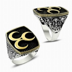 Three Crescent Patterned Ottoman Motif Sterling Silver Men's Ring 100348917