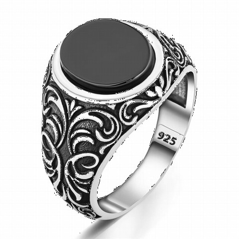 Ottoman Motif Onyx Stone Silver Ring 100350310