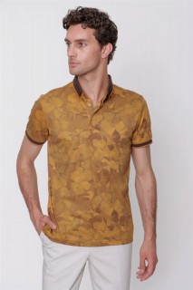 Top Wear - Men's Mustard Yellow Interlock Patterned Trend Dynamic Fit Relaxed Fit Short Sleeve T-Shirt 100350829 - Turkey