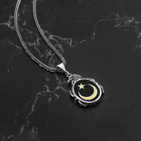 Necklace - Eagle Head Motif Moon Star Silver Necklace 100349788 - Turkey