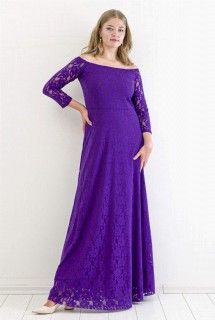 Long evening dress - Large Size Elastic Neck Full Lace Detailed Evening Dress Graduation Dress Purple 100342734 - Turkey