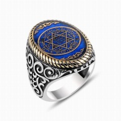 Men - Seal of Solomon Motif Blue Enamel Silver Men's Ring 100347722 - Turkey