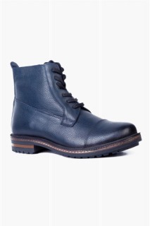 Others - Men's Navy Blue Casual Lace-Up Patterned Analin Leather Boots 100352604 - Turkey