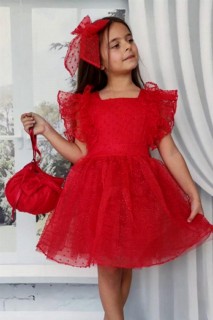 Girl's Sleeves Ruffled Skirt Fluffy Tulle and Glitter Embroidered Bag Red Evening Dress 100327362
