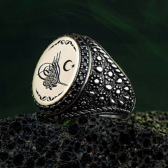 Silver Rings 925 - Ottoman Tugra Embroidered Side Drop Motif Silver Ring 100346777 - Turkey