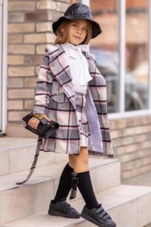 Kids - Girl's Plaid Coat and Shirt With Halter Neck Grey-Pink Skirt Suit 100344715 - Turkey