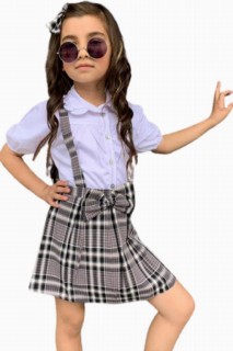 Girl Clothing - Baby Girl Collar Half Sleeve Plaid Ecru Salopet Skirt Suit 100328521 - Turkey