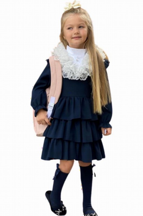 Girl Clothing - فستان بناتي للمدرسة بياقة من الدانتيل مكشكش أزرق كحلي 100327162 - Turkey