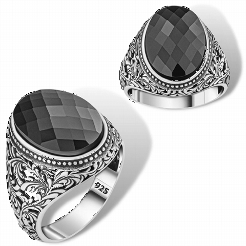 Flower Patterned Black Zircon Stone Silver Ring 100350379