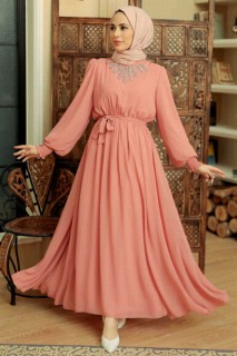 Clothes - Salmon Pink Hijab Dress 100341693 - Turkey