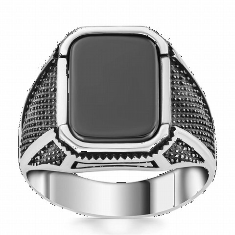 Dot Patterned Onyx Stone Silver Ring 100350374