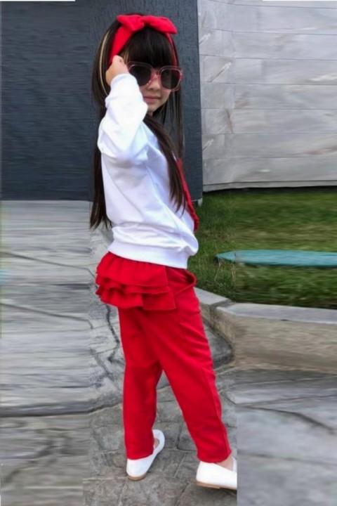 Girl Ruffled Heart Printed Bandana Red Tracksuit Suit 100328753