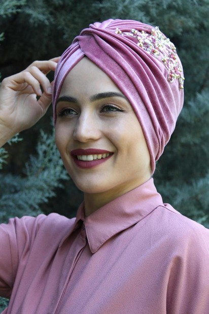 Woman Bonnet & Turban - Velvet Sequined Vera Bonnet Dried Rose 100285072 - Turkey