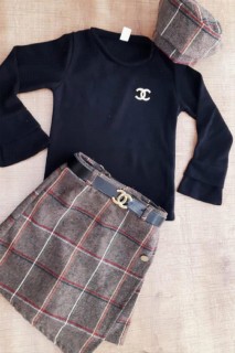 Kids - Boys' Side Cut Brooch Brown Plaid Skirt Suit 100327057 - Turkey